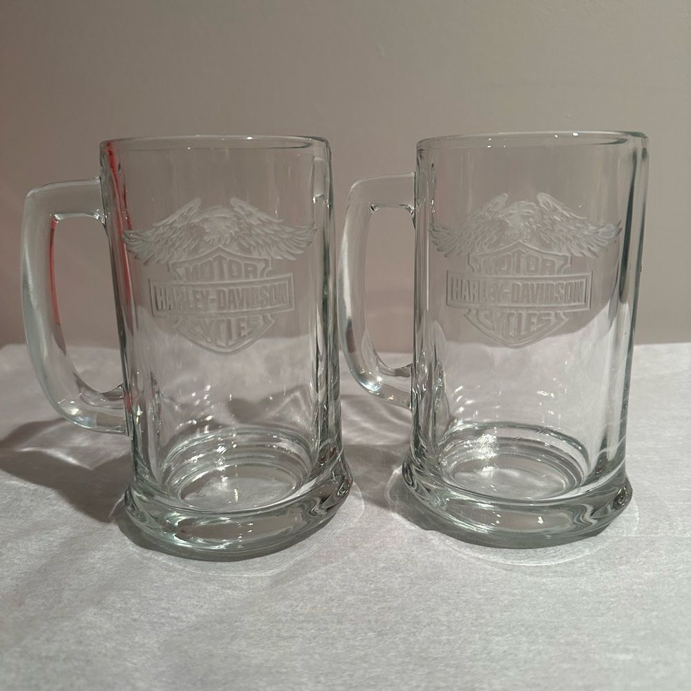 Harley Davidson Glass Beer Stein Drink Mugs Set of 2